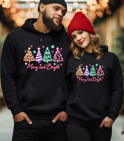 Neon Merry And Bright Christmas Hoodie, Christmas Tree Hoodie, Trendy Christmas Hoodie, Cute Merry And Bright Tee