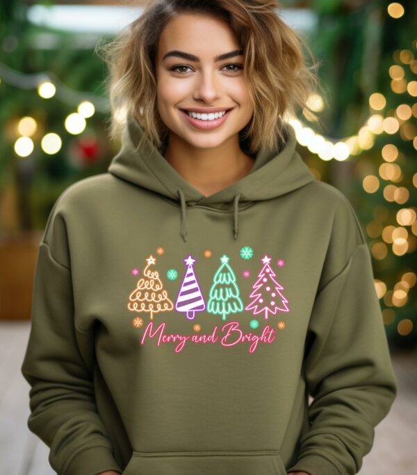 Neon Merry And Bright Christmas Hoodie, Christmas Tree Hoodie, Trendy Christmas Hoodie, Cute Merry And Bright Tee