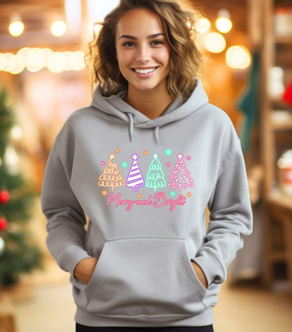 Neon Merry And Bright Christmas Hoodie, Christmas Tree Hoodie, Trendy Christmas Hoodie, Cute Merry And Bright Tee