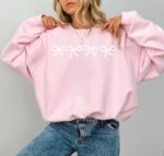 Coquette Bow Sweatshirt, Cute Bow Sweatshirt, Trendy Pink Ribbon Sweatshirt, Sweater With Bows Gift For Her, Minimalist Coquette Crewneck